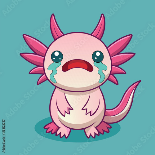 Cute Axolotl Crying – Sad Animal Cartoon Vector Illustration Isolated Flat
