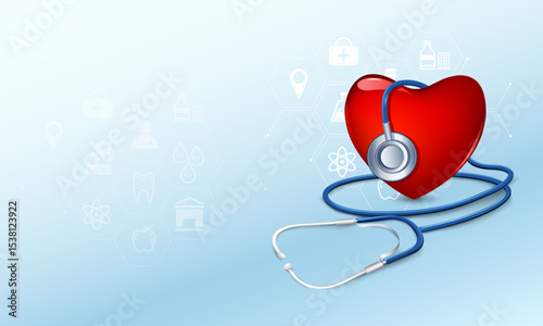 stethoscope around heart on Healthcare and Medical concept background