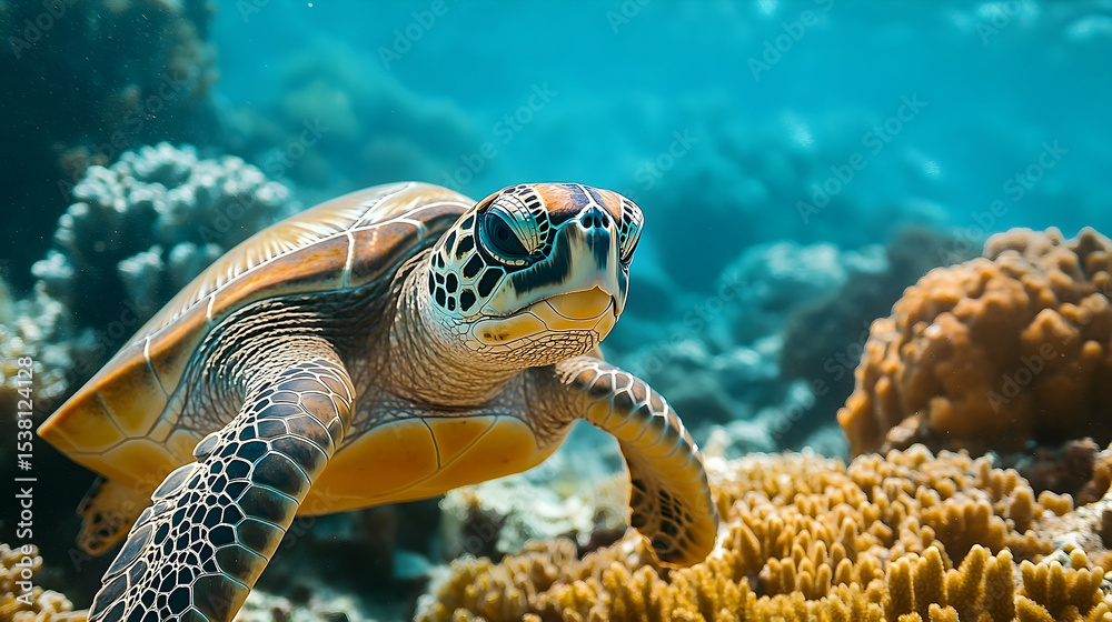 Obraz premium Close-up of a sea turtle swimming amidst coral reefs.