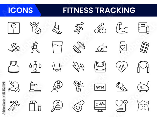 Dynamic vector web line icons depicting fitness tracking, wearables, exercise stats, health apps, and wellness monitoring for active lifestyles.