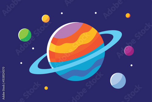 Colorful Cartoon Planet with Ring System Floating in Dark Purple Space