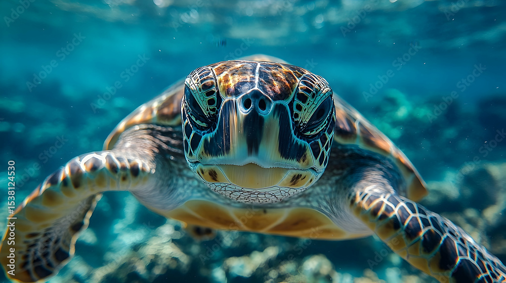 Fototapeta premium Close-up view of a sea turtle swimming in the ocean.