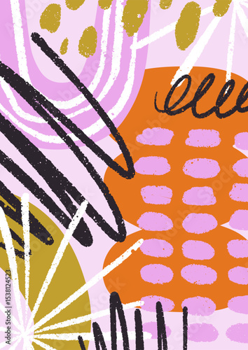 Modern poster with abstract shapes, hand-drawn doodles, brushstrokes, creative elements pattern. Playful funky card design in trendy style with dots, scribbles texture. Flat vector illustration