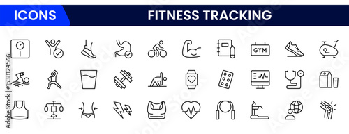 Dynamic vector web line icons depicting fitness tracking, wearables, exercise stats, health apps, and wellness monitoring for active lifestyles.