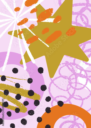 Modern abstract poster with playful doodles, brushstrokes, hand-drawn scribbl...