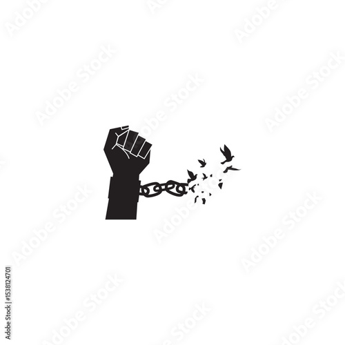 Broken chain freedom symbol with hand and birds flying away in silhouette