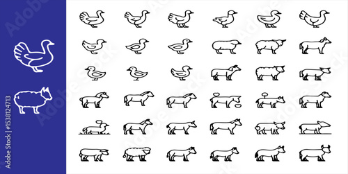Collection of line art icons depicting farm animals including turkeys sheep horses and ducks on white background