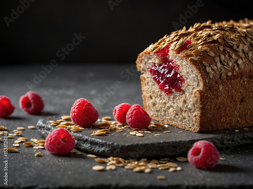 A close-up of multigrain bread slice topped with raspberry preserve placed directly on a stone tabletop with diffused light from the side giving cinematic softness and warm mood the