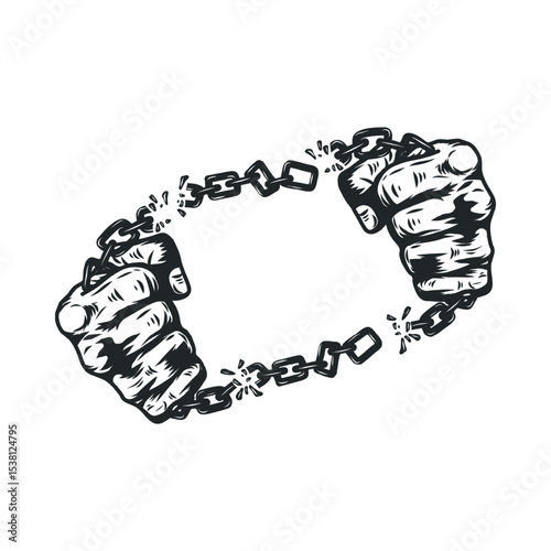 Fist breaking chains illustration symbolizing freedom and overcoming oppression in monochrome