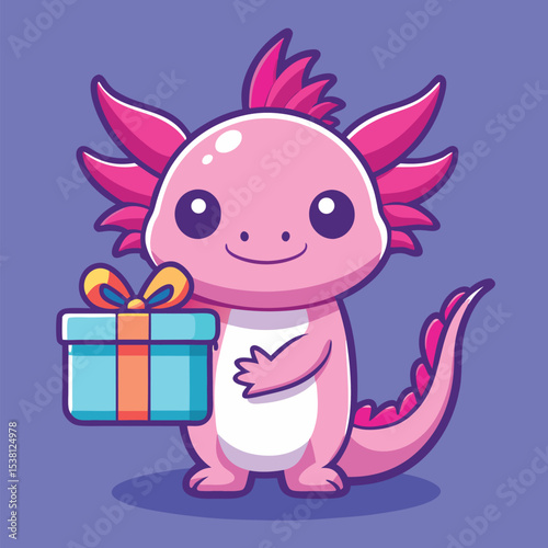 Cute Axolotl Holding Gift Box – Holiday Animal Cartoon Icon Vector Illustration
