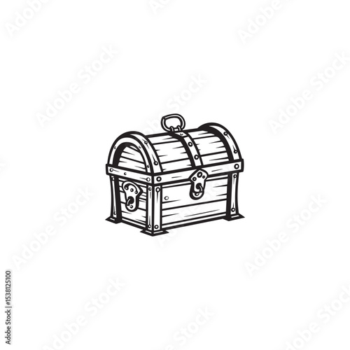 Black and white line art treasure chest illustration isolated on white background