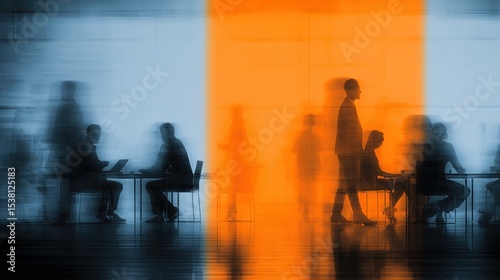 business people meeting at table. Abstract blurred office interior space background. blue and orange colors. Business concept. High quality