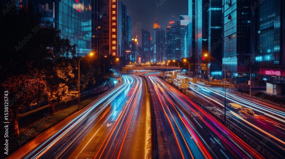 Naklejka premium A dynamic shot of a modern city road with striking architecture, neon lights, and bustling traffic, showcasing the vibrant energy of urban life at night.