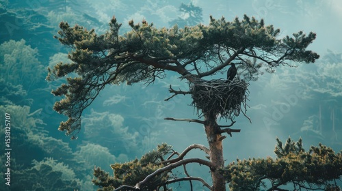 The majestic eagle is nestled in its nest among the evergreen trees, showcasing wildlife in its natural forest habitat.