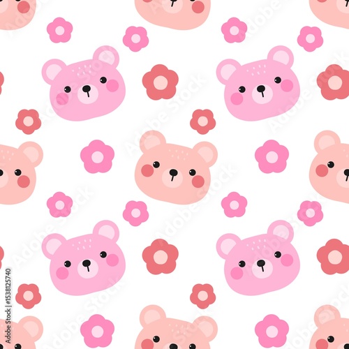 Cute pink and peach teddy bear faces with floral seamless pattern on white, perfect for children's apparel, nursery themes, or sweet digital backgrounds.