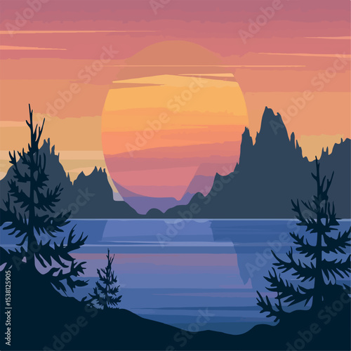 landscape, sunset, illustration, vector, summer, sun, background, nature, travel, beach, sea, sky, cartoon, color, sunrise, panorama, mountain, evening, horizon, sundown, cloud, orange, tropical, outd