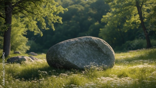A large stone rests on a glade during summer.