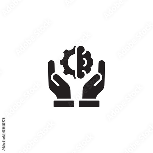 Hands holding brain and gear symbol representing intelligence and technology