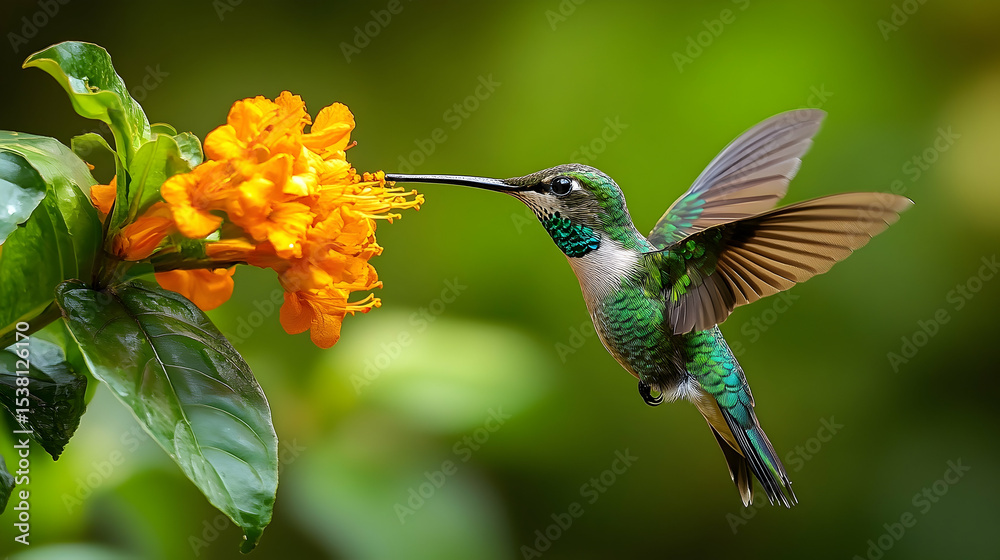 Fototapeta premium Vibrant hummingbird hovers near bright orange blossoms.