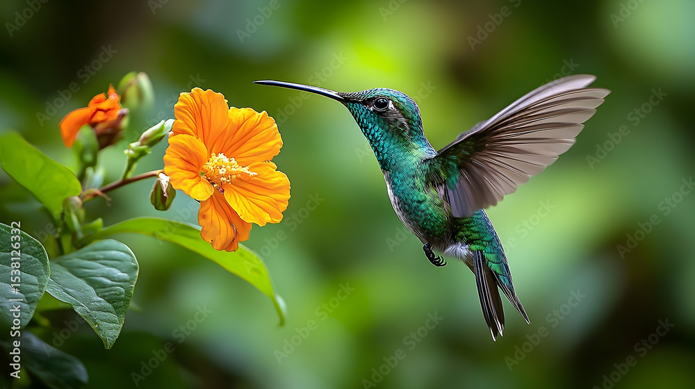 Fototapeta premium Vibrant hummingbird hovering near an orange flower.