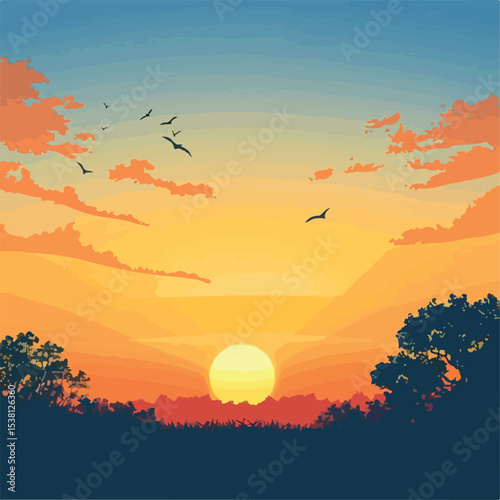 vector, sunrise, background, illustration, nature, sun, sky, landscape, sunset, wallpaper, beautiful, summer, abstract, graphic, evening, design, morning, view, scene, travel, silhouette, sunlight, 