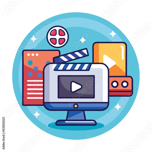 Online Movie Streaming Icon – Flat Vector Illustration of Digital Film Media
