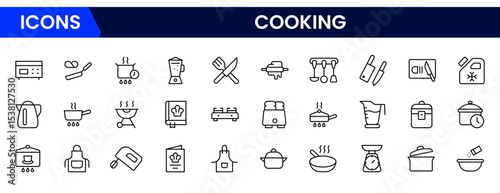 Flavorful vector web line icons depicting cooking, kitchen tools, recipes, ingredients, and culinary arts for delightful meal preparation.