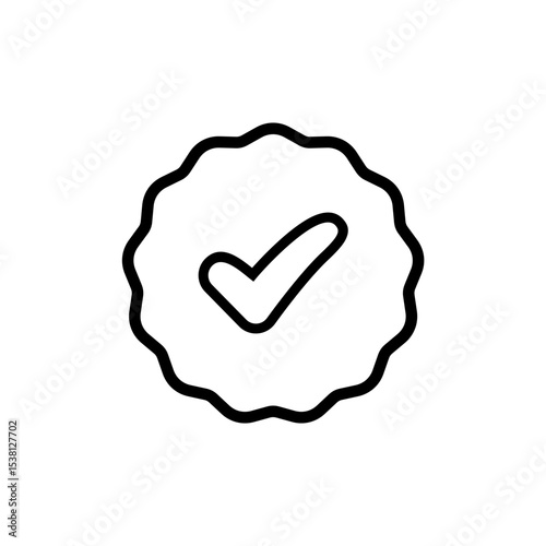 Black Outline Check Mark in Wavy Seal Icon