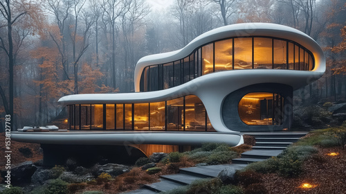Editorial architectural photograph, massive modern multifloor home