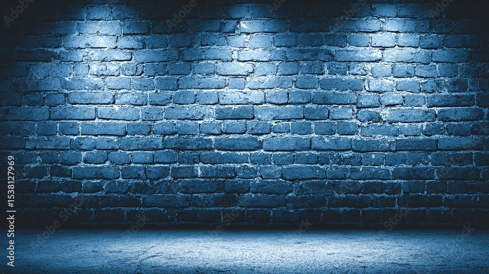 Fototapeta premium Blue brick wall illuminated by three spotlights creating a stage or backdrop.