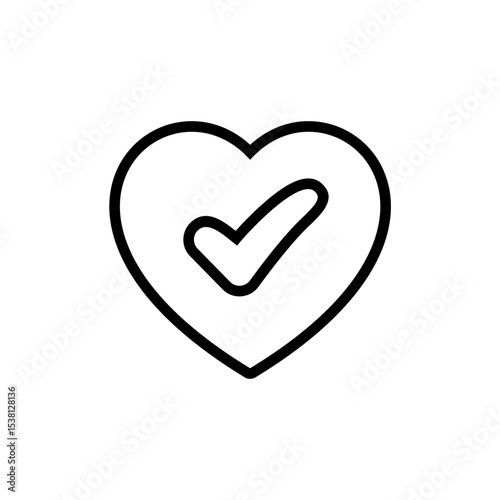 Outline Check Mark Design within a Black Heart Shape Icon Expressing Love and Agreement in a Modern Minimalist Style on Isolated White Background Vector Symbol
