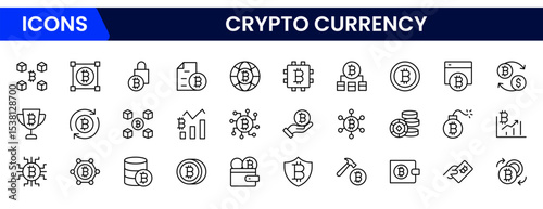 Modern vector web line icons depicting cryptocurrency, blockchain, digital wallets, coins, and secure transactions for innovative financial technology.