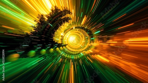 Abstract green and gold light rays tunnel vortex