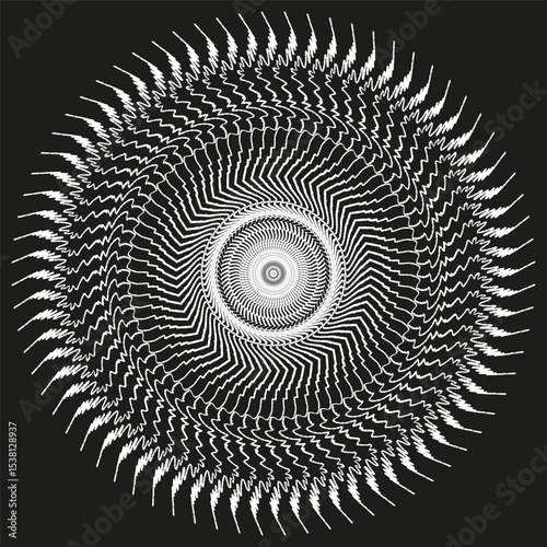 Hypnotic spiral design. Grayscale wave pattern. Central light glow. Vector illusion form.
