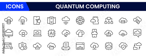 Futuristic vector web line icons depicting quantum computing, qubits, algorithms, processing power, and innovative tech for advanced computational solutions.
