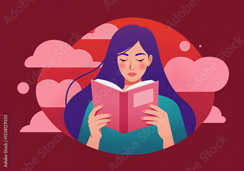 Illustration of a young girl with blue hair reading a book, clouds and decorative elements around.