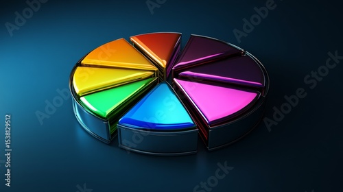 A glossy D pie chart with bold colors and metallic details, each slice illuminated, creating a luxurious and sophisticated look