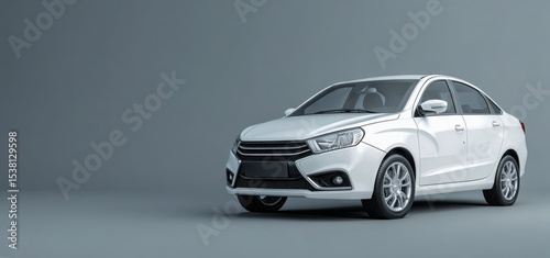 A White car on a gray background with copy space