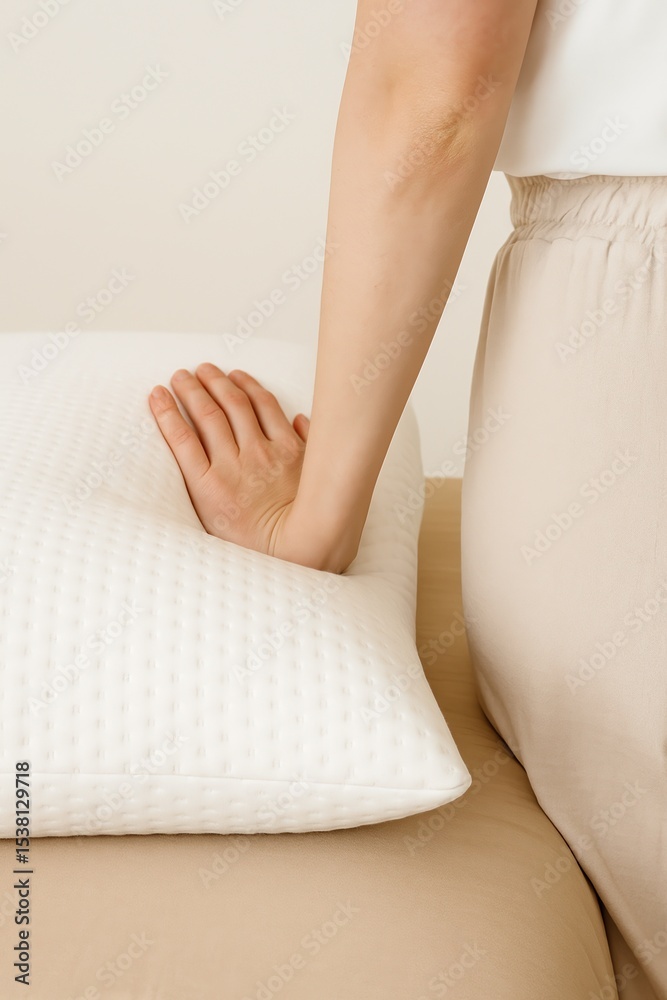Fototapeta premium A close-up, high-resolution image showing a person’s hand gently pressing down on a white orthopedic pillow with a dotted texture. The indentation highlights the softness