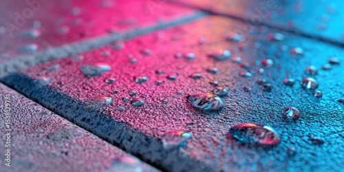 A stunning close-up of rain-soaked concrete illuminated by vibrant neon reflections, showcasing an urban cinematic texture.