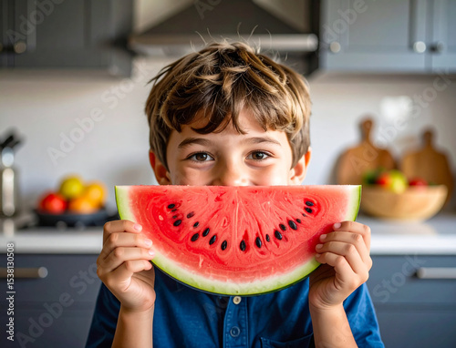 Un niño sonriente con una jugosa raja de sandia en las manos, alimento perfecto para una dieta saludable y para la sed del verano