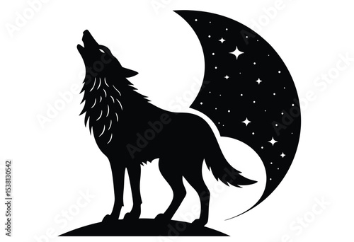 Wolf Howling at Full Moon Silhouette Vector Night Scene Illustration