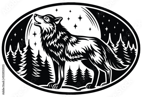 Wolf Howling at Full Moon Silhouette Vector Night Scene Illustration