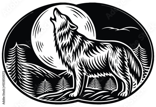 Wolf Howling at Full Moon Silhouette Vector Night Scene Illustration