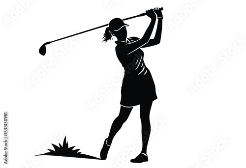young woman golfer swinging driver autumn golf silhouette simple icon flat design vector