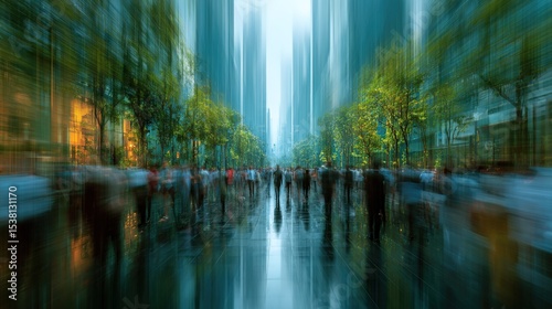 The concept of sustainability in business centers, crowds of business people walking at a corporate office in a green city downtown, abstract motion blur image with blurred background, generative AI