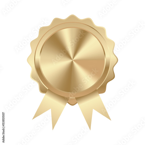 Golden award badge with ribbons isolated on white background for success recognition