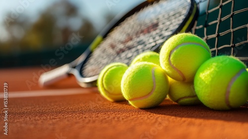 A high-quality image of a set of professional tennis balls neatly stacked on a court surface, with a racket and net in the background.
