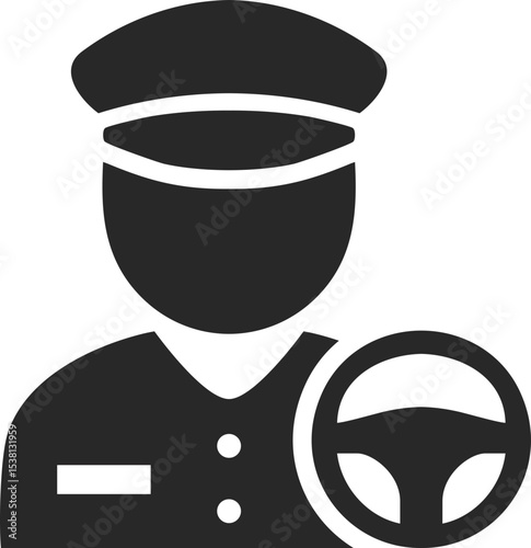Driver solid icon used in transportation, chauffeur, and vehicle operation profession designs.