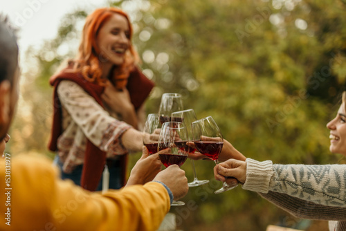 Photography Friends toasting red wine glasses at outdoor party in autumn